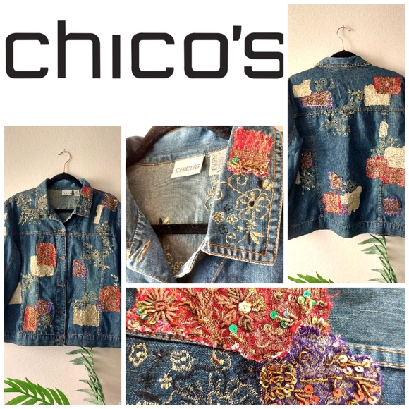 CHICO'S PATCHWORK EMBROIDERED JEAN JACKET - Picture 1 of 13